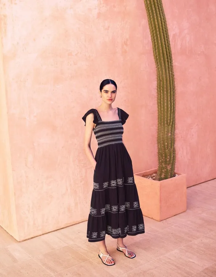 Monsoon Emi Square Neck Embroidered Midi Dress Black Women Embroidered Dresses