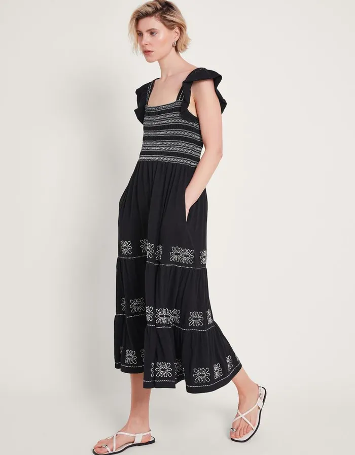 Monsoon Emi Square Neck Embroidered Midi Dress Black Women Embroidered Dresses