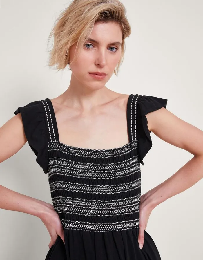 Monsoon Emi Square Neck Embroidered Midi Dress Black Women Embroidered Dresses
