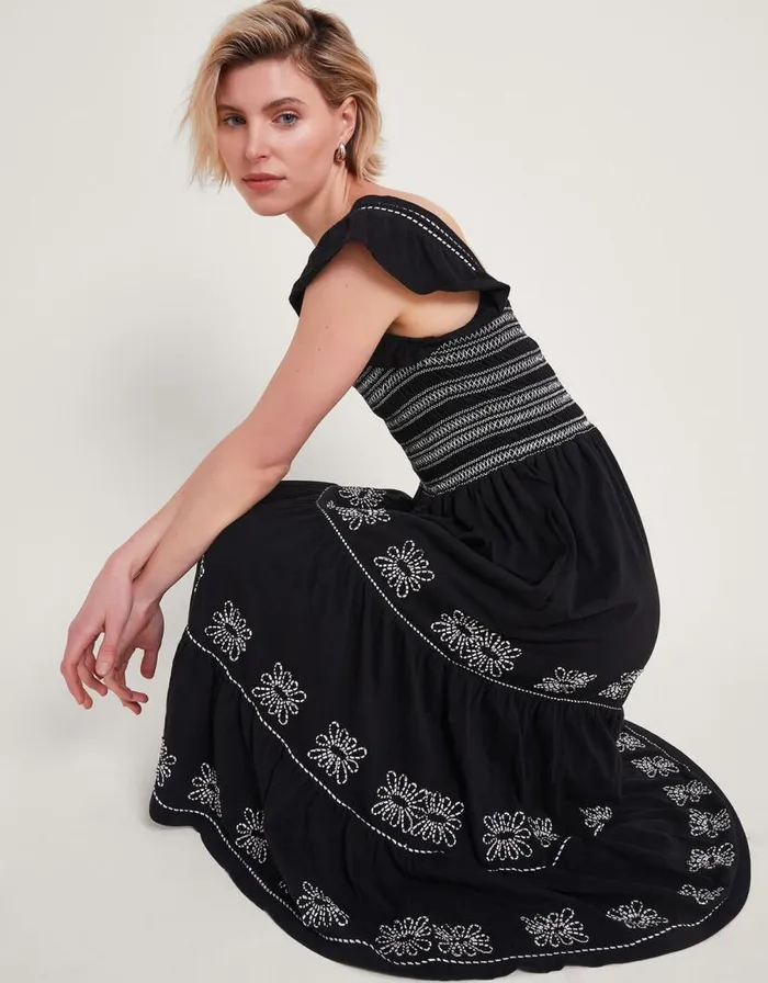 Monsoon Emi Square Neck Embroidered Midi Dress Black Women Embroidered Dresses