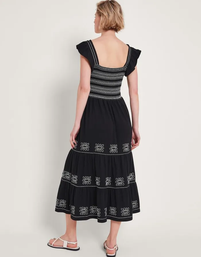 Monsoon Emi Square Neck Embroidered Midi Dress Black Women Embroidered Dresses