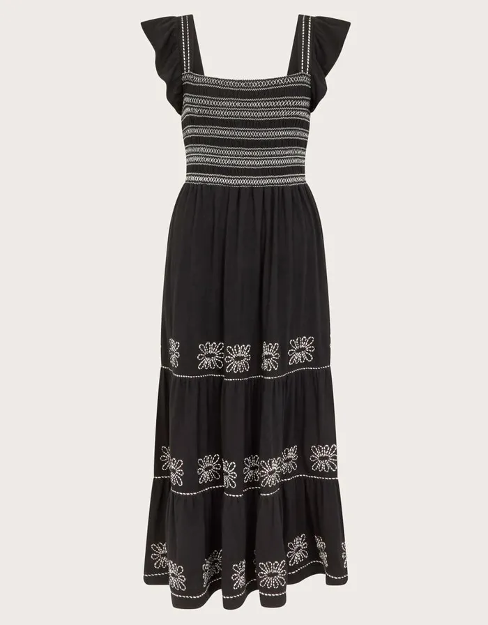 Monsoon Emi Square Neck Embroidered Midi Dress Black Women Embroidered Dresses