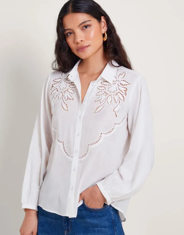 Monsoon Flora Cutwork Shirt White Women Tops and Blouses