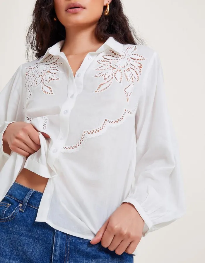 Monsoon Flora Cutwork Shirt White Women Tops and Blouses