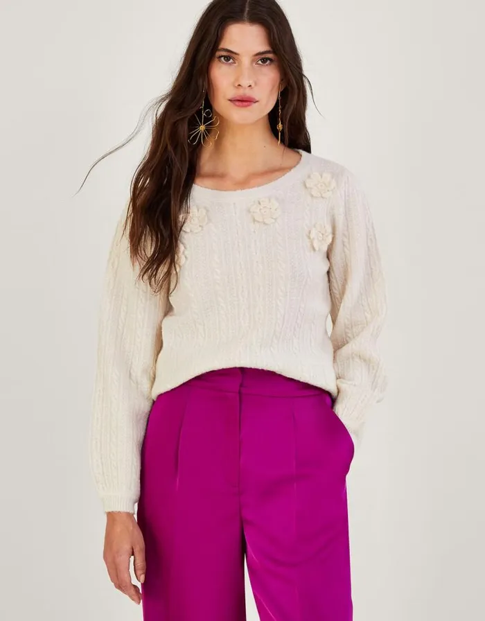 Monsoon Floral Applique Embroidered Jumper With Recycled Polyester Ivory Women Knitwear Monsoon Floral Applique Embroidered Jumper With Recycled Polyester Ivory Women Knitwear