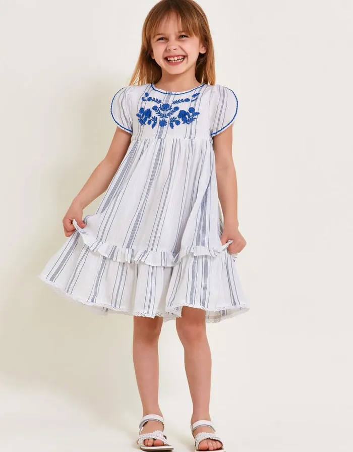 Monsoon Floral Embroidered Stripe Dress White Children Dresses