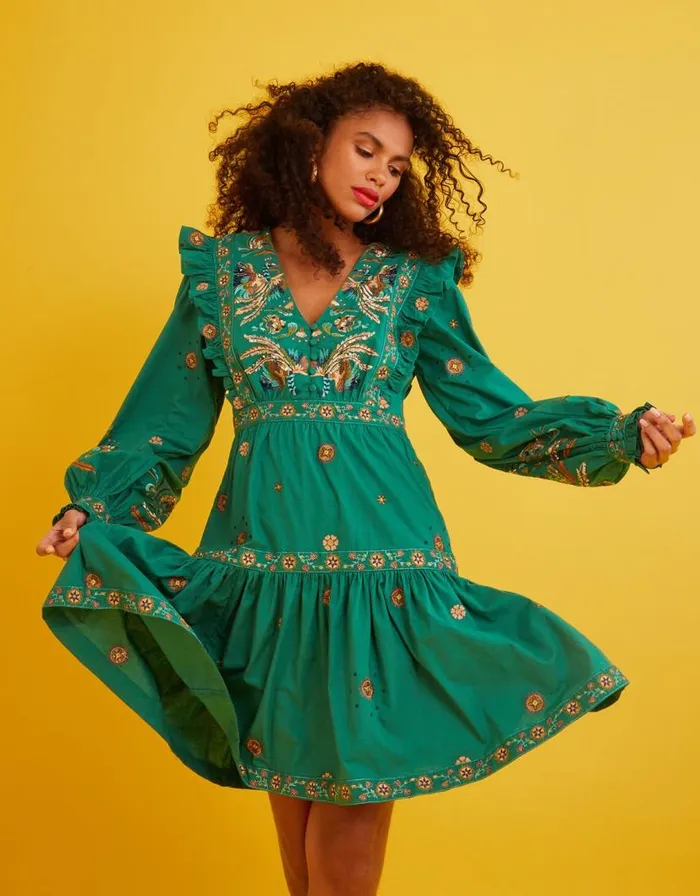 Monsoon Gianna Embroidered Poplin Short Dress Green Women Occasionwear