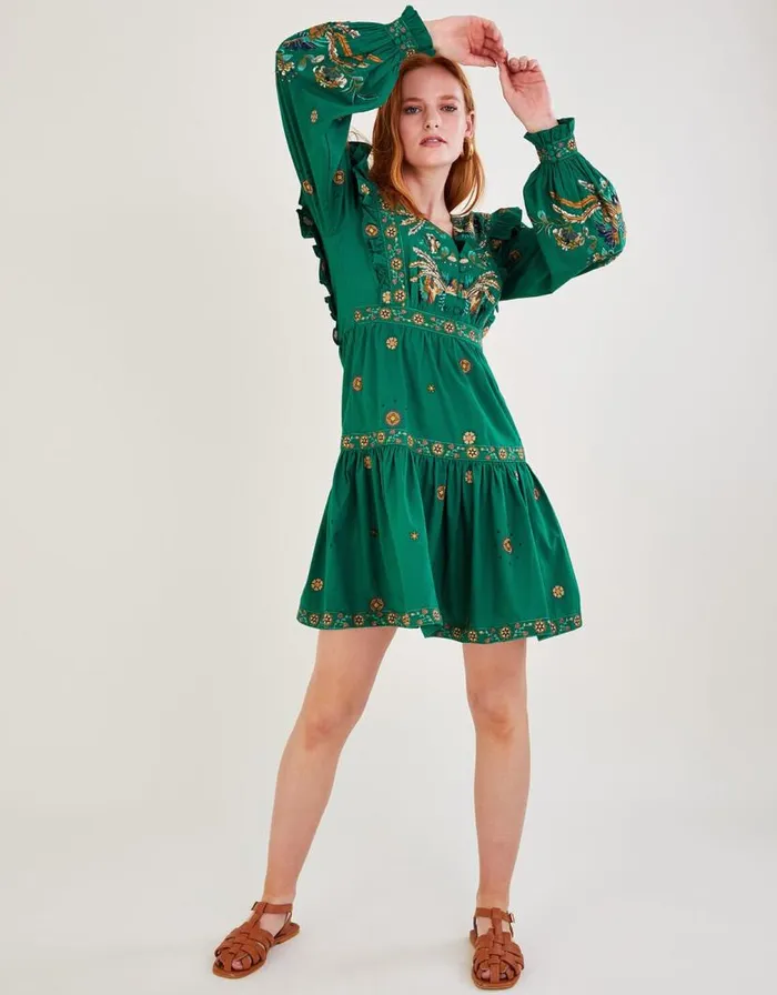 Monsoon Gianna Embroidered Poplin Short Dress Green Women Occasionwear Monsoon Gianna Embroidered Poplin Short Dress Green Women Occasionwear