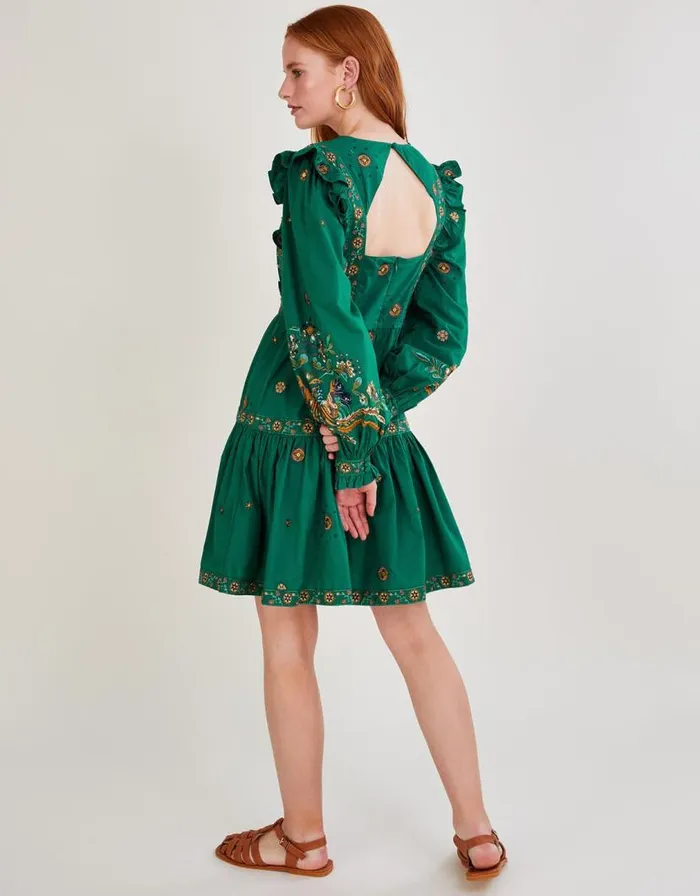 Monsoon Gianna Embroidered Poplin Short Dress Green Women Occasionwear Monsoon Gianna Embroidered Poplin Short Dress Green Women Occasionwear