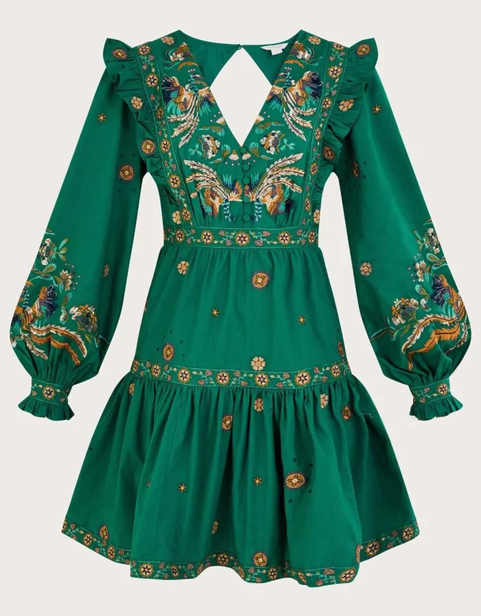 Monsoon Gianna Embroidered Poplin Short Dress Green Women Occasionwear Monsoon Gianna Embroidered Poplin Short Dress Green Women Occasionwear
