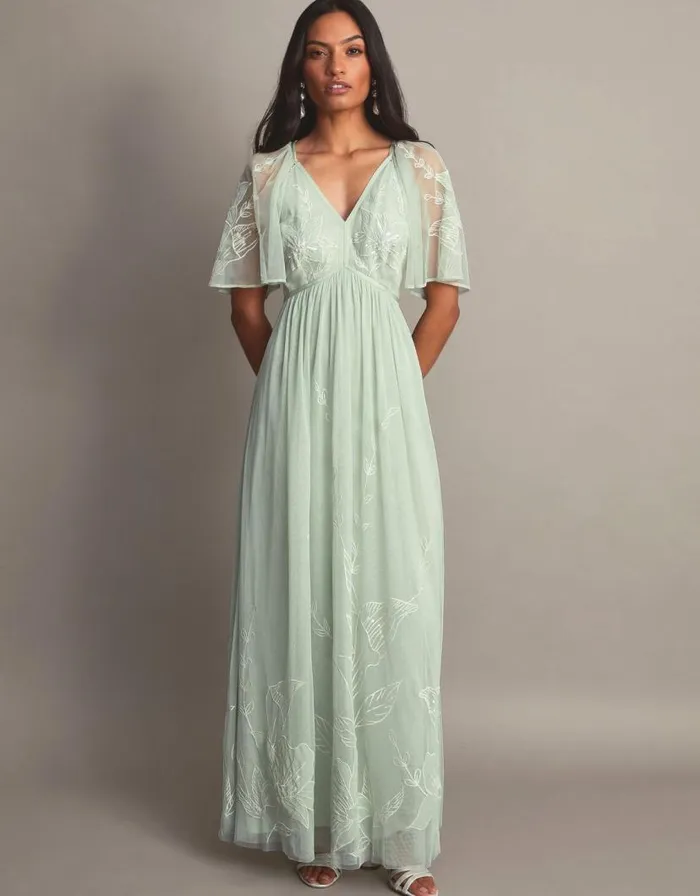 Monsoon Kacia Embroidered Maxi Dress Green Women Occasionwear