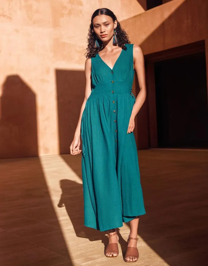 Monsoon Kaya ButtonThrough Dress Teal Women Casualwear