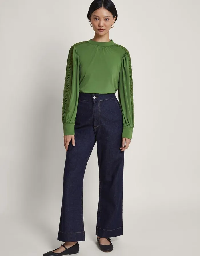 Monsoon Lulu Cutwork Trim Top Green Women Tops and Blouses Monsoon Lulu Cutwork Trim Top Green Women Tops and Blouses