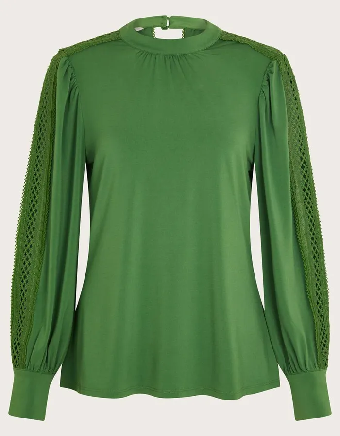 Monsoon Lulu Cutwork Trim Top Green Women Tops and Blouses Monsoon Lulu Cutwork Trim Top Green Women Tops and Blouses