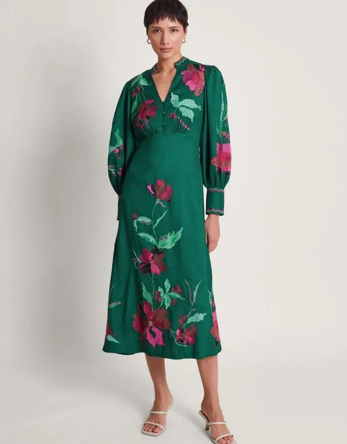 Monsoon Lyra Embroidered Midi Dress Green Women Occasionwear