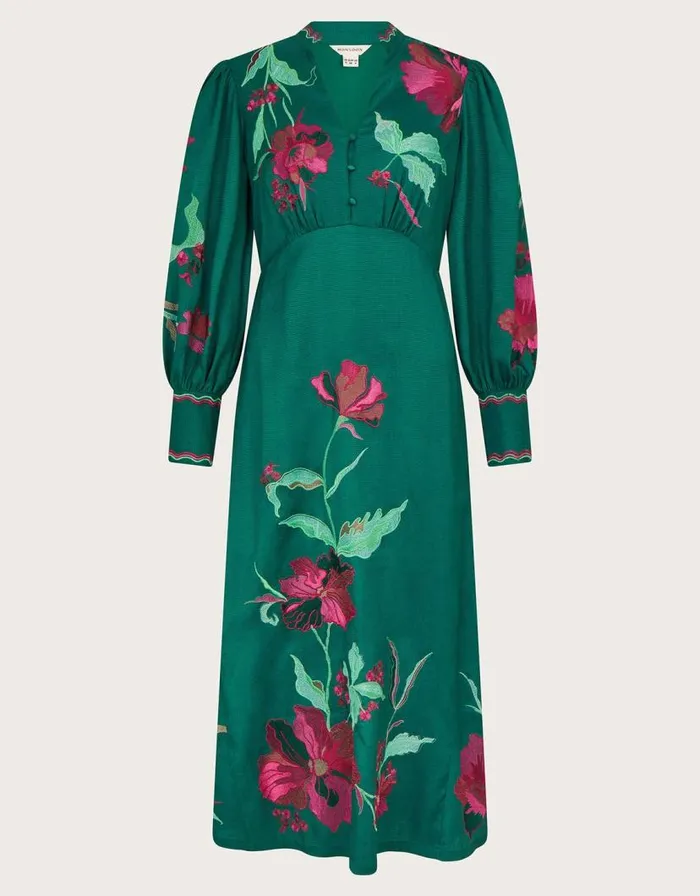 Monsoon Lyra Embroidered Midi Dress Green Women Occasionwear Monsoon Lyra Embroidered Midi Dress Green Women Occasionwear