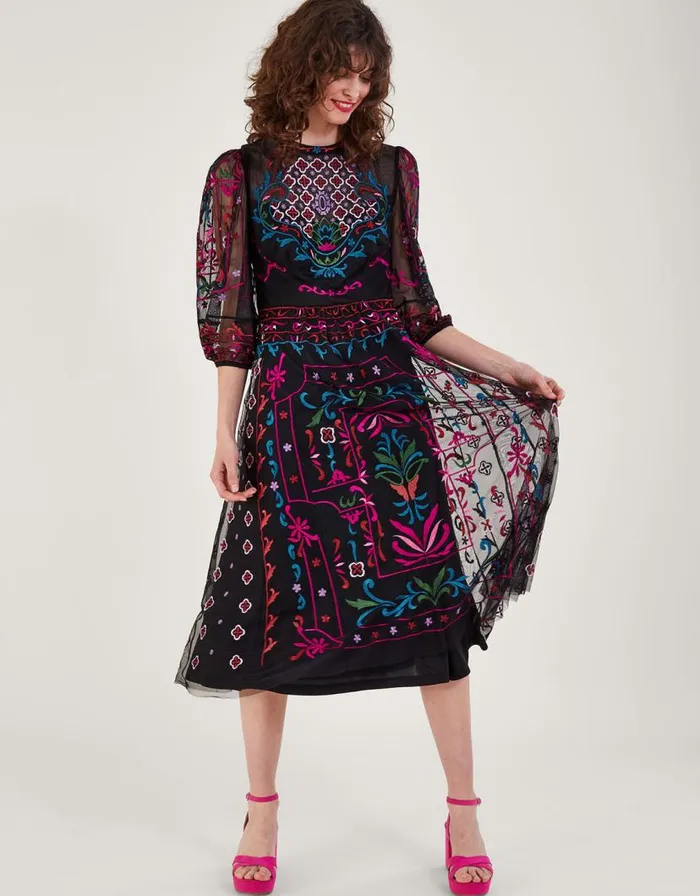 Monsoon Maddie Embroidered Tea Dress Black Women Occasionwear