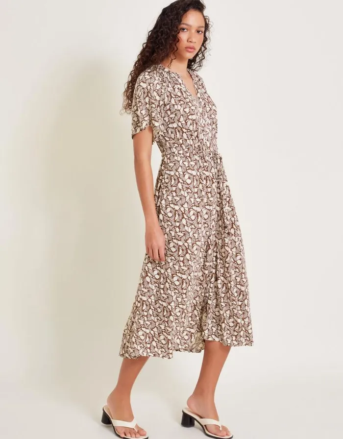 Monsoon Natalia Jersey Print Shirt Dress Brown Women Midi Dresses