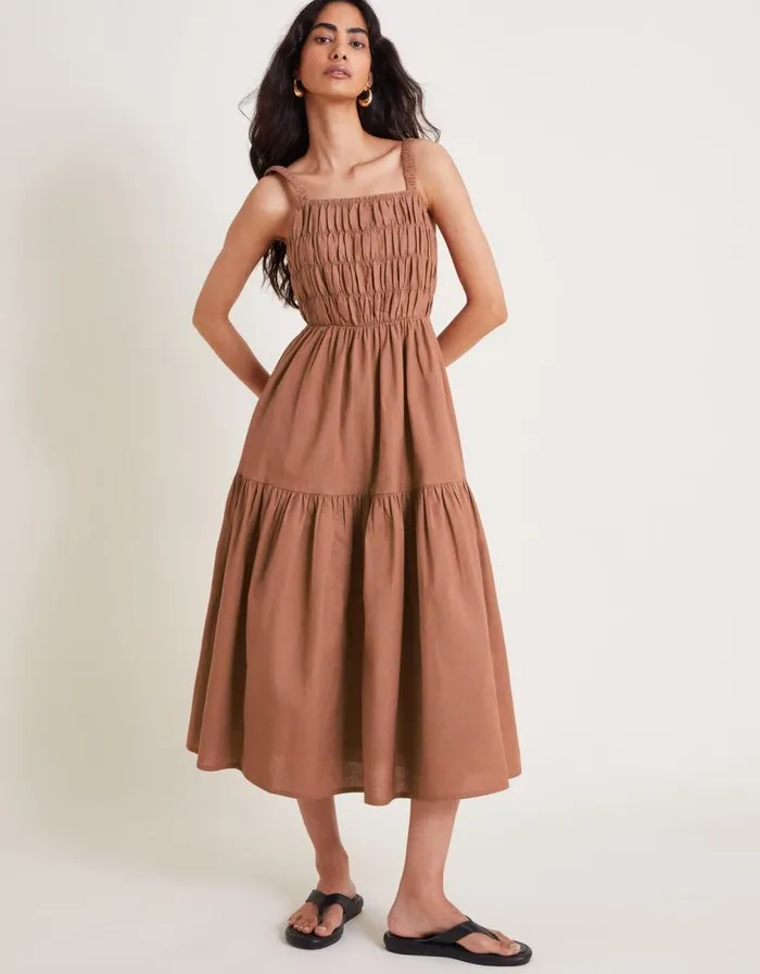 Monsoon Nisha Smocked Sleeveless Midi Dress Brown Women Casualwear