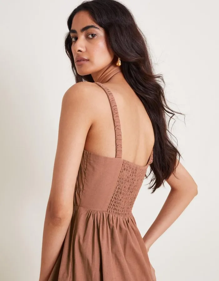 Monsoon Nisha Smocked Sleeveless Midi Dress Brown Women Casualwear Monsoon Nisha Smocked Sleeveless Midi Dress Brown Women Casualwear