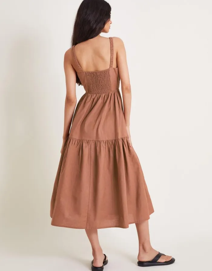 Monsoon Nisha Smocked Sleeveless Midi Dress Brown Women Casualwear Monsoon Nisha Smocked Sleeveless Midi Dress Brown Women Casualwear