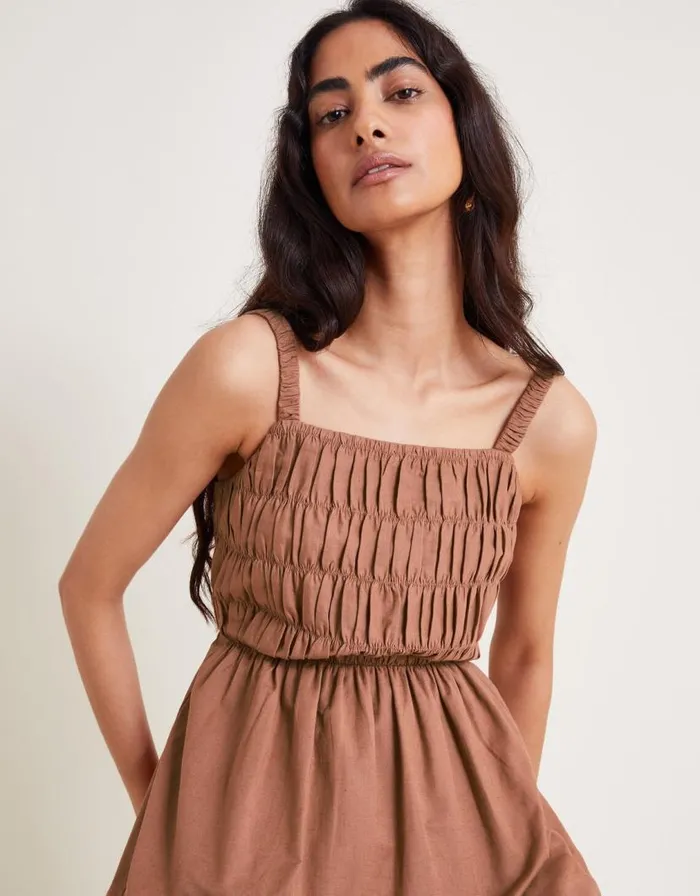 Monsoon Nisha Smocked Sleeveless Midi Dress Brown Women Casualwear Monsoon Nisha Smocked Sleeveless Midi Dress Brown Women Casualwear