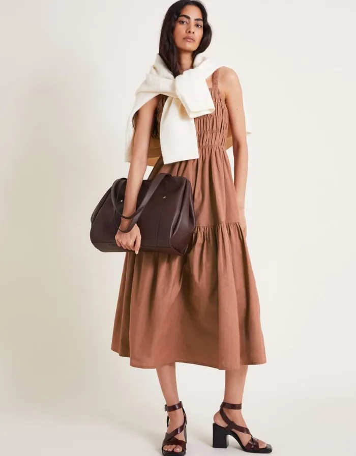 Monsoon Nisha Smocked Sleeveless Midi Dress Brown Women Casualwear Monsoon Nisha Smocked Sleeveless Midi Dress Brown Women Casualwear