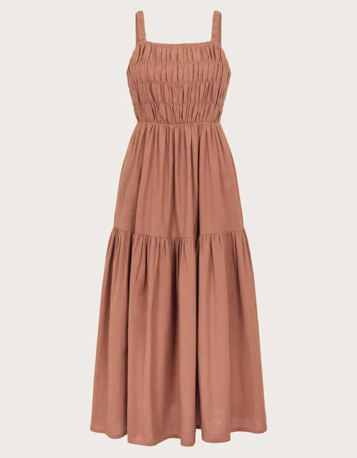Monsoon Nisha Smocked Sleeveless Midi Dress Brown Women Casualwear Monsoon Nisha Smocked Sleeveless Midi Dress Brown Women Casualwear