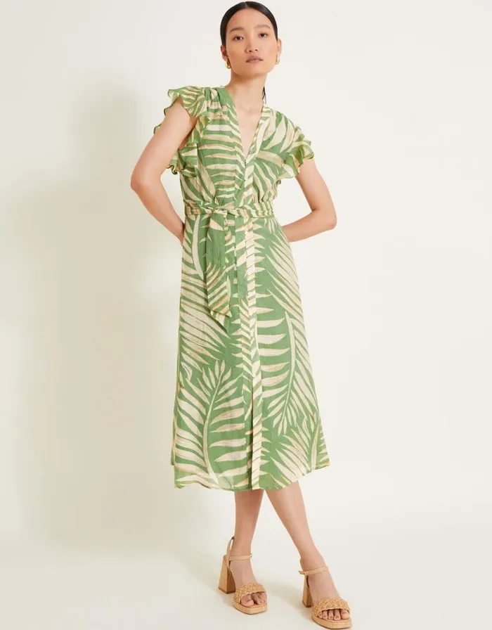 Monsoon Parmella Print Ruffle Dress Green Women Day Dresses