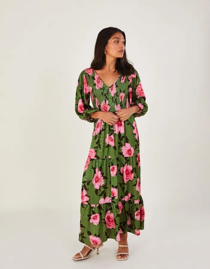 Monsoon Peonella Shirred Floral Midi Dress Green Women Occasionwear
