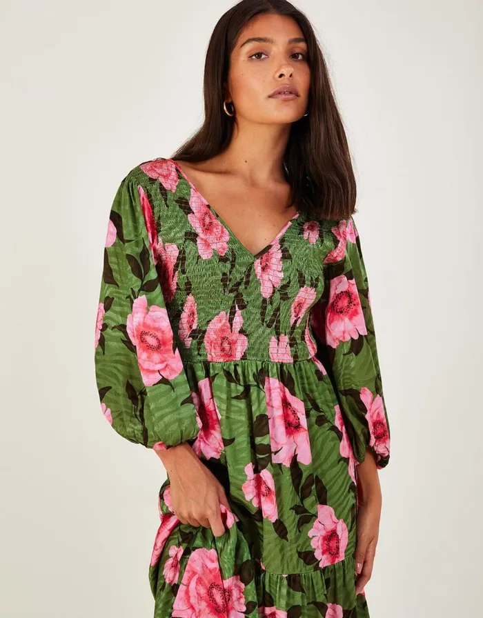Monsoon Peonella Shirred Floral Midi Dress Green Women Occasionwear Monsoon Peonella Shirred Floral Midi Dress Green Women Occasionwear