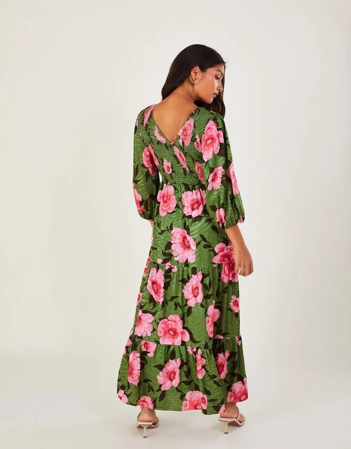 Monsoon Peonella Shirred Floral Midi Dress Green Women Occasionwear Monsoon Peonella Shirred Floral Midi Dress Green Women Occasionwear