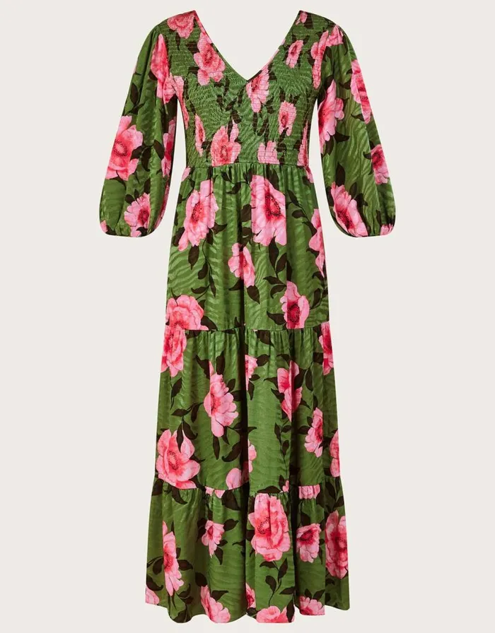 Monsoon Peonella Shirred Floral Midi Dress Green Women Occasionwear Monsoon Peonella Shirred Floral Midi Dress Green Women Occasionwear