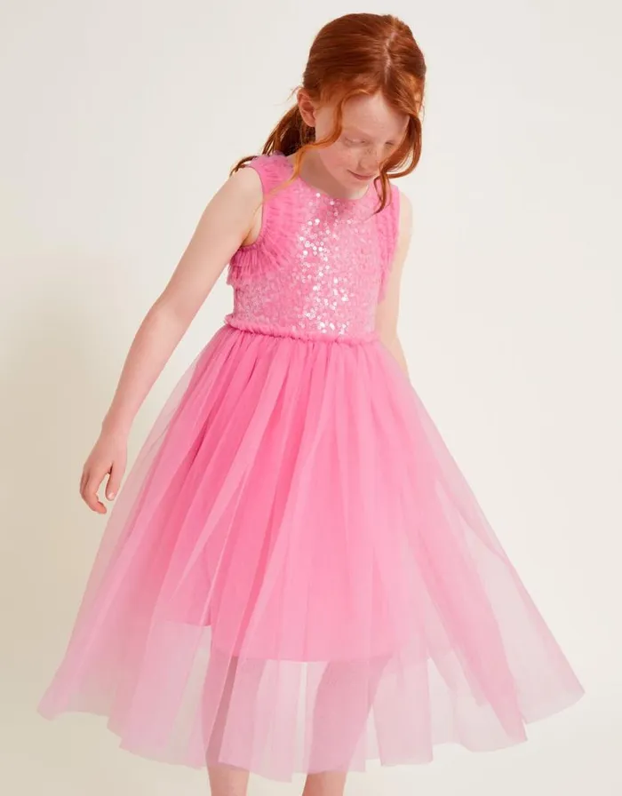 Monsoon Priscilla Sequin Ruffle Dress Pink Children Dresses