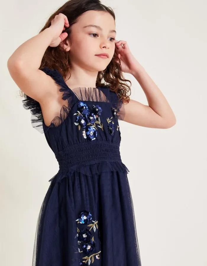 Monsoon Ria Frill Floral Sequin Dress Blue Children Dresses