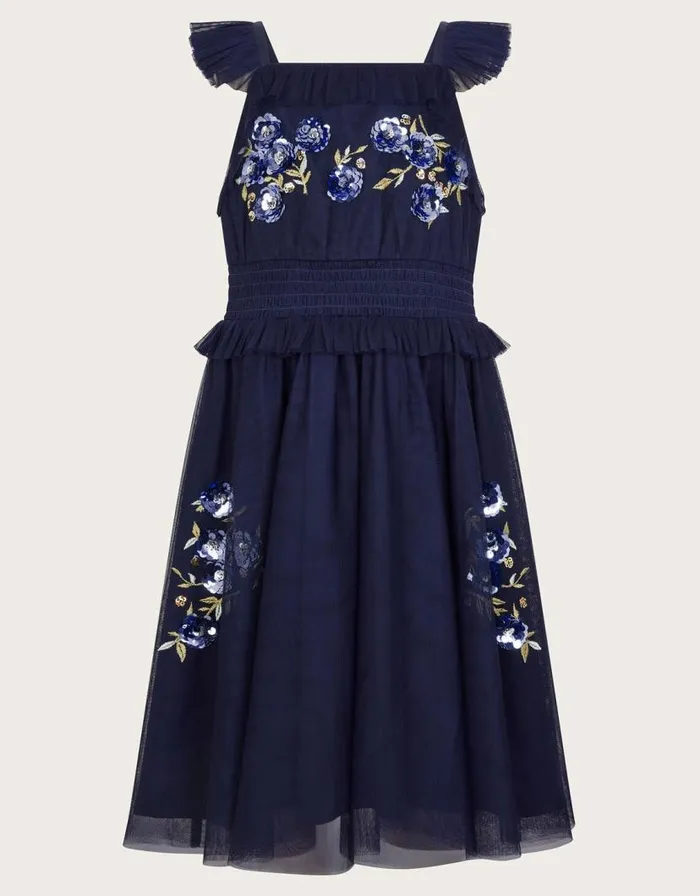 Monsoon Ria Frill Floral Sequin Dress Blue Children Dresses Monsoon Ria Frill Floral Sequin Dress Blue Children Dresses