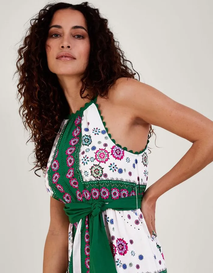 Monsoon Scarf Print Halter Midi Dress Green Women Beachwear and Swimwear