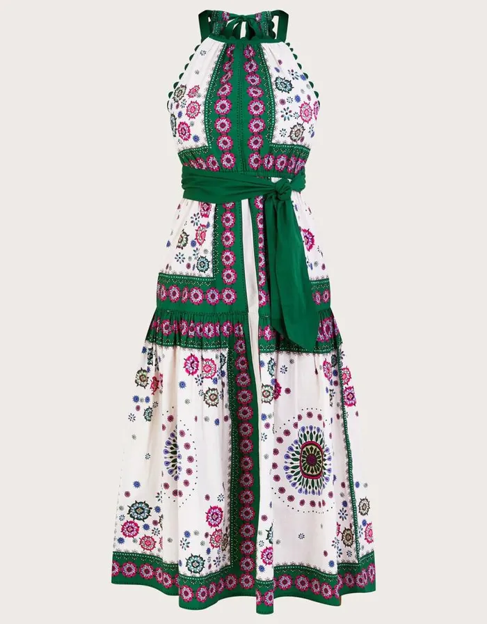 Monsoon Scarf Print Halter Midi Dress Green Women Beachwear and Swimwear