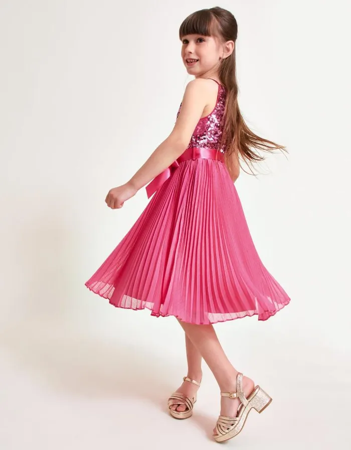 Monsoon Sequin Pleated Truth Dress Pink Children Dresses