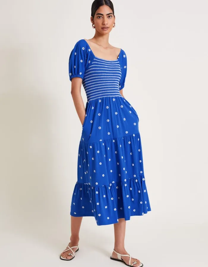 Monsoon Susie Shirred Embroidered Midi Dress Blue Women Midi Dresses