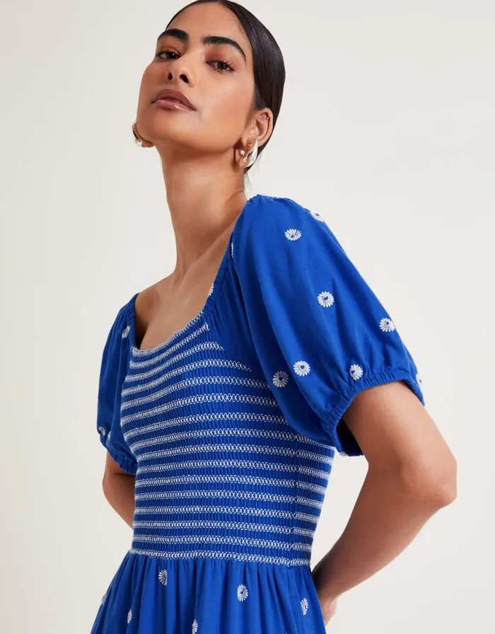 Monsoon Susie Shirred Embroidered Midi Dress Blue Women Midi Dresses