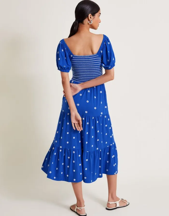 Monsoon Susie Shirred Embroidered Midi Dress Blue Women Midi Dresses