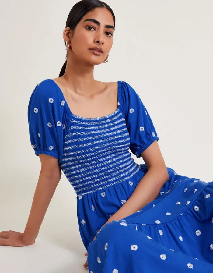 Monsoon Susie Shirred Embroidered Midi Dress Blue Women Midi Dresses