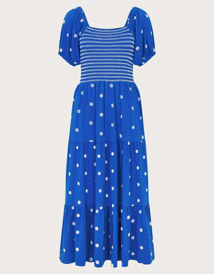 Monsoon Susie Shirred Embroidered Midi Dress Blue Women Midi Dresses