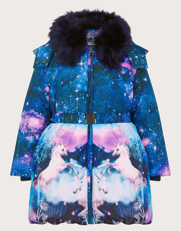 Monsoon Ulla Unicorn Print Coat Multi Children Coats and Jackets