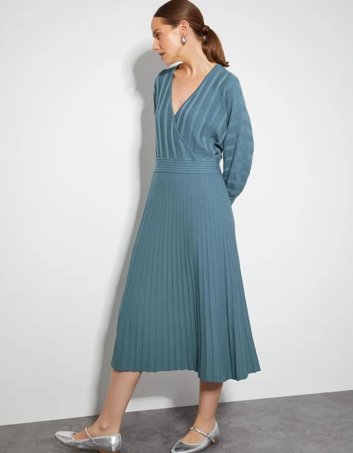 Monsoon Wynn Knit Wrap Midi Dress Blue Women Knitwear