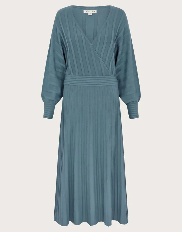Monsoon Wynn Knit Wrap Midi Dress Blue Women Knitwear Monsoon Wynn Knit Wrap Midi Dress Blue Women Knitwear