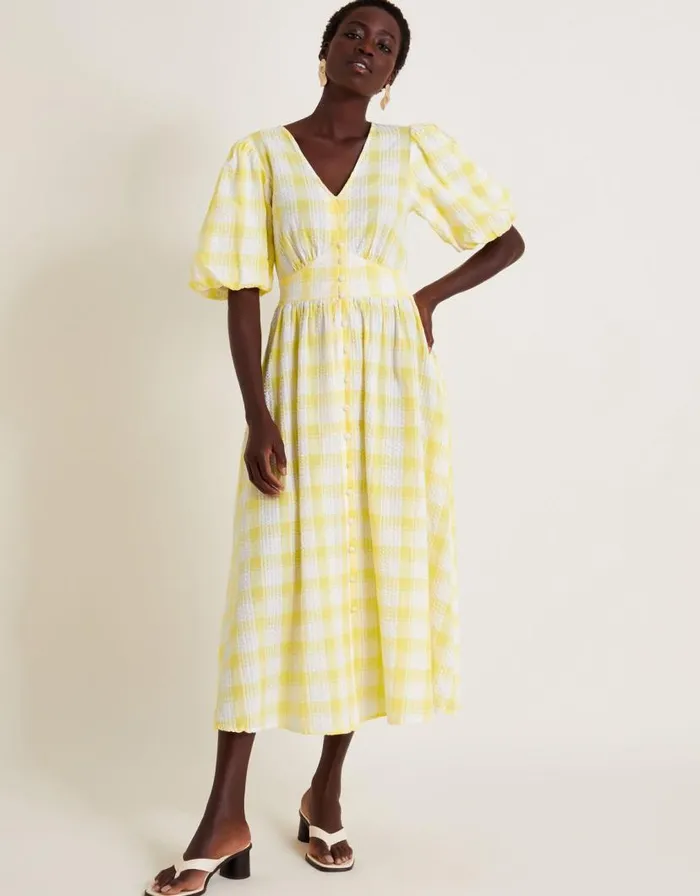 Monsoon Zola Gingham Short Sleeve Midi Dress Yellow Women Casualwear