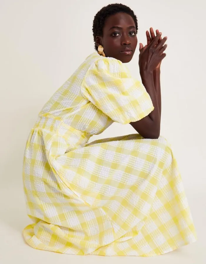 Monsoon Zola Gingham Short Sleeve Midi Dress Yellow Women Casualwear Monsoon Zola Gingham Short Sleeve Midi Dress Yellow Women Casualwear