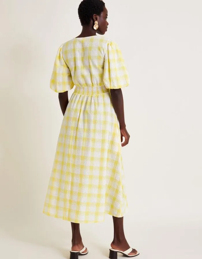 Monsoon Zola Gingham Short Sleeve Midi Dress Yellow Women Casualwear Monsoon Zola Gingham Short Sleeve Midi Dress Yellow Women Casualwear
